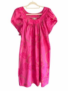 VTG Y2K HILO HATTIE Hawaiian Original Made in Hawaii Pink Metallic Mumu Dress L